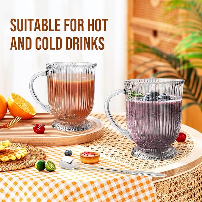 Ribbed Clear Glass Coffee Mugs Set of 4 with Spoon,16 Oz Large Glass Tea Cups with Handle Diner Latte Cups with Footed Base for Hot Beverages,Cappuccino & Espresso Cups, Stylish Drinkware