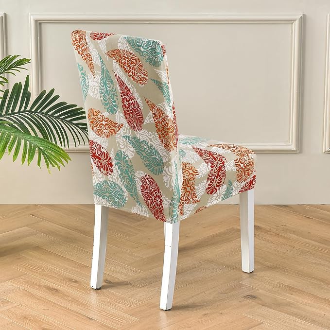 Fuloon Chair Covers for Dining Room 6 Pack, Printed Stretch Dining Slipcovers, Washable Kitchen Slip Covers for Parson Chair, Color Leaves Printed, Set of 6 - Image 4
