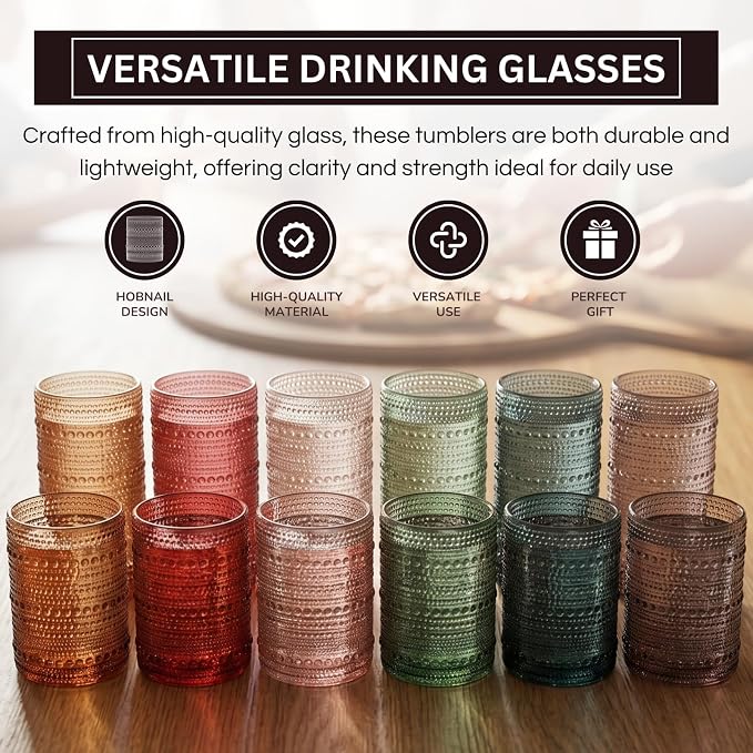 Hobnail Highball Glasses, Vintage Beaded Tumblers Set of 12, 14 & 11 oz | Vintage Beaded Design, Embossed Bubble Texture, Comfortable Grip, Ideal for Water, Whiskey, Cocktails, Wine & Mixed Drinks, - Image 4