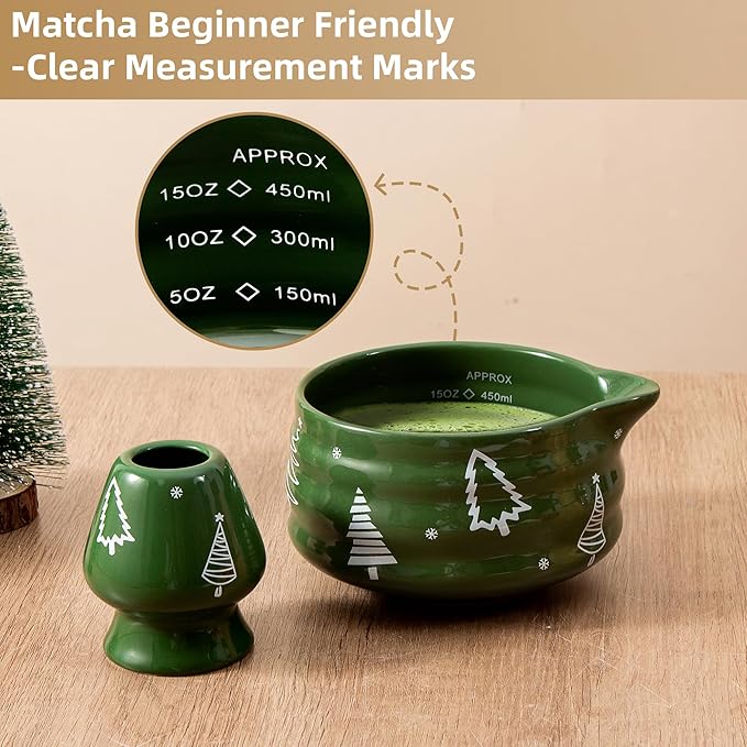 5pcs Premium Matcha Set,Ceramic Bowl with Spout and Bamboo Whisk set, Ceremonical Matcha Kit for holiday,Tea Starter Making Kit,Christmas Matcha Gift set (Christmas Tree)