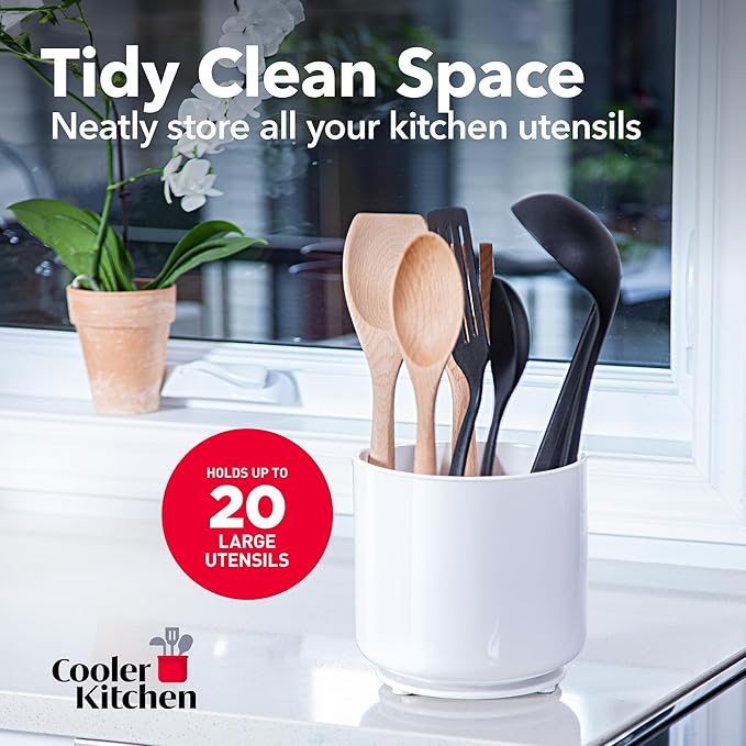 Cooler Kitchen Jumbo XL Rotating White Plastic Utensil Holder Caddy with Sturdy No-Tip Weighted Base, Removable Divider, and Gripped Insert - Dishwasher Safe Kitchen Utensil Holder for Countertop - Image 6