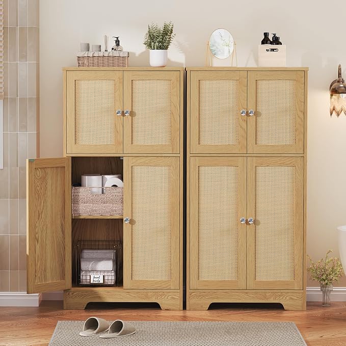 TEENFON Storage Cabinet, Rattan Cabinets with 2 Adjustable Shelves & 4 Doors, Bathroom Cabinet, Cupboard, Floor Cabinets for Living Room, Entryway, Kitchen, Home Office, Natural - Image 6