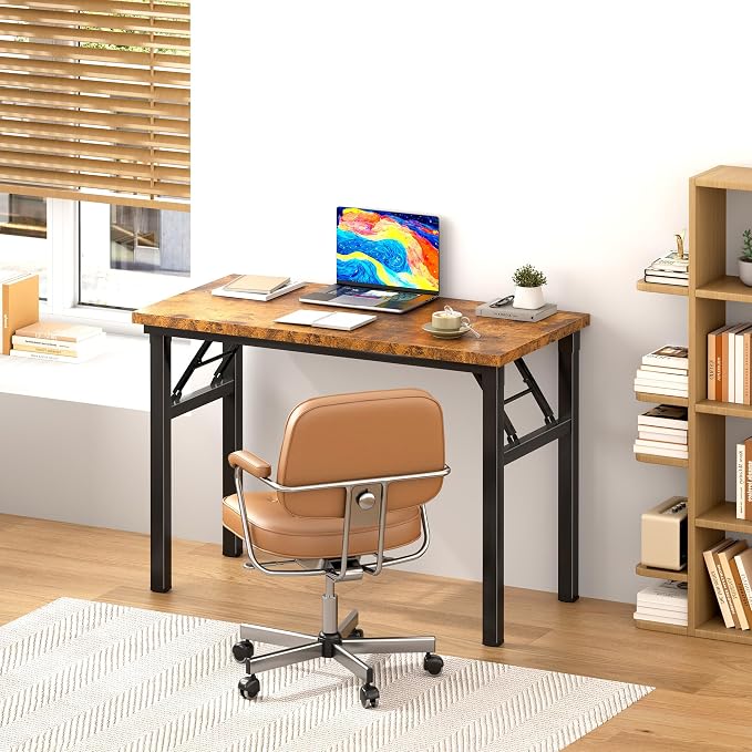 DlandHome 31.5 Inch Small Folding Computer Desk for Home Office, Retro | Foldable Writing Table for Small Spaces Bedroom, No Assembly Required, Wood Top Metal Frame, Collapsible Compact Easy Storage - Image 2