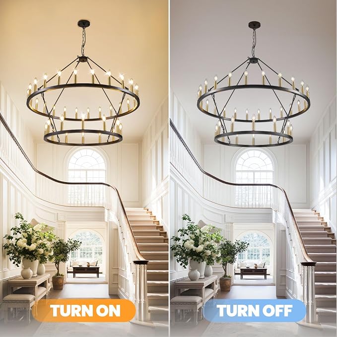 47 Inch Round Black and Gold Chandelier, 2 Tier 36-Lights Farmhouse Wagon Wheel Chandelier, Rustic Dining Room Light Fixtures, Extra Large Foyer Chandeliers for High Ceilings, for Staircase, Entryway - Image 5