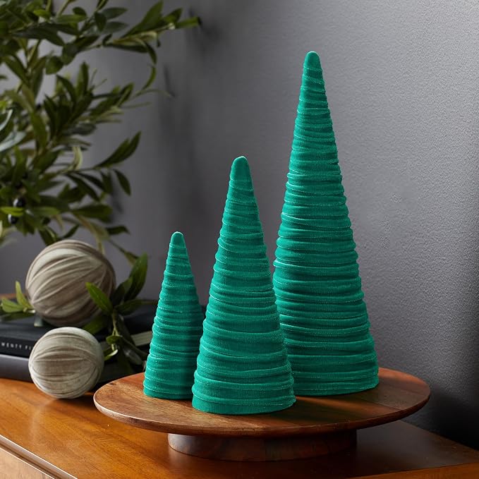 Your Heart's Content Green Velvet Trees Set of 3, Elegant Mantel, Valentine Tree Tablescape, Office Bookshelf, Artisan Cozy Gift for, Wedding Centerpiece (Green) - Image 2