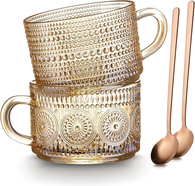 MFACOY Vintage Coffee Mugs Set of 2, 14 oz Glass Tea Cups with Handle, Amber Embossed Glass Cups for Cappuccino, Latte, Cereal, Milk, Hot or Cold Beverages by Mfacoyisalifestylebrand