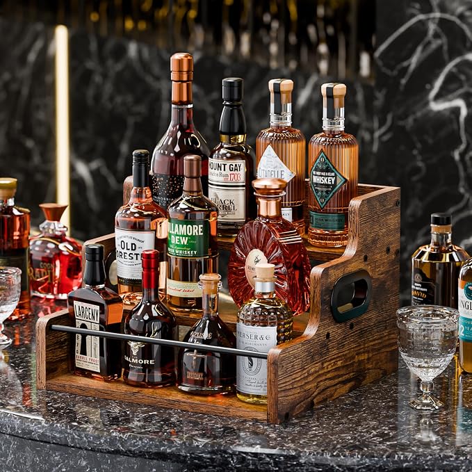 KLM Liquor Bottle Display Shelf, Coffee Syrup Rack Organizer, 3 Step Countertop Liquor Wine Rack, mini bar,liquor cabinet, Home Retro Bar Shelf Stand for Liquor Whiskey, Spirits - Image 2