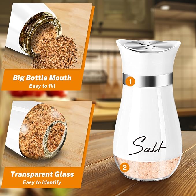 Salt and Pepper Shakers - 4 oz White and Black Glass Set with Steel Lids | Refillable Glass Shakers with Stainless Steel Lids for Cooking, Dining, RV Trips, Camping And BBQs; 4 oz Capacity Each. - Image 3