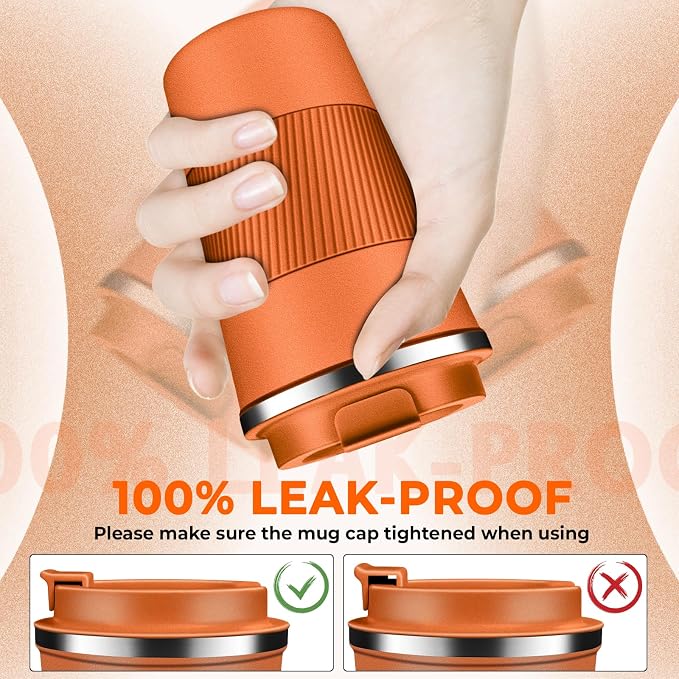 Insulated Coffee Tumbler 12 oz, Stainless Steel Coffee Mug with Lids, Travel Coffee Mug Leak Proof, Double Wall Vacuum Insulated Reusable Coffee Cup, Keep Drinks Hot and Cold (Orange, 12 Ounces) - Image 3