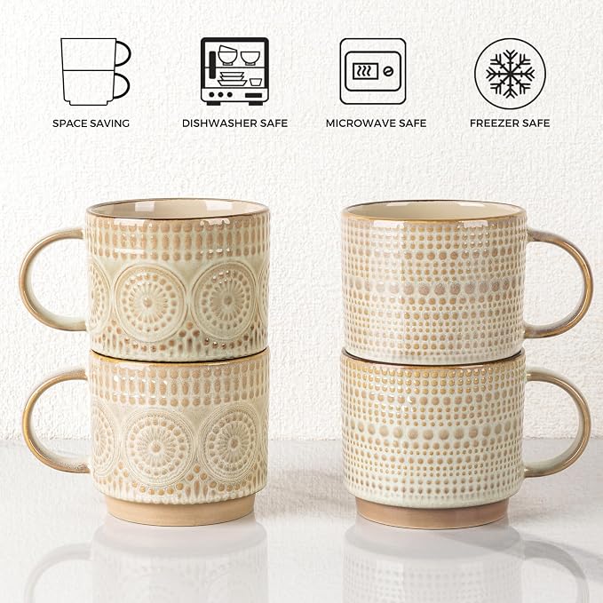 GBhome 12OZ Stackable Coffee Mugs, Ceramic Coffee Mugs with Texture Patterns for Man,Woman,Dad,Mom, Modern Coffee Mugs Set of 4 for Latte/Cappuccino/Cocoa. Dishwasher&Microwave Safe - Image 7