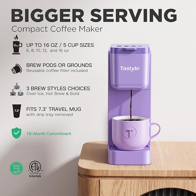 Tastyle Single Serve Coffee Maker Hot and Iced with Bold Brew, Up to 16 Oz | for K Cup and Ground, Fits 7.3'' Travel Mug, 5 Cup Sizes, Compact for Office, RV& Hotel, K320, 3.0 Version, Purple - Image 2