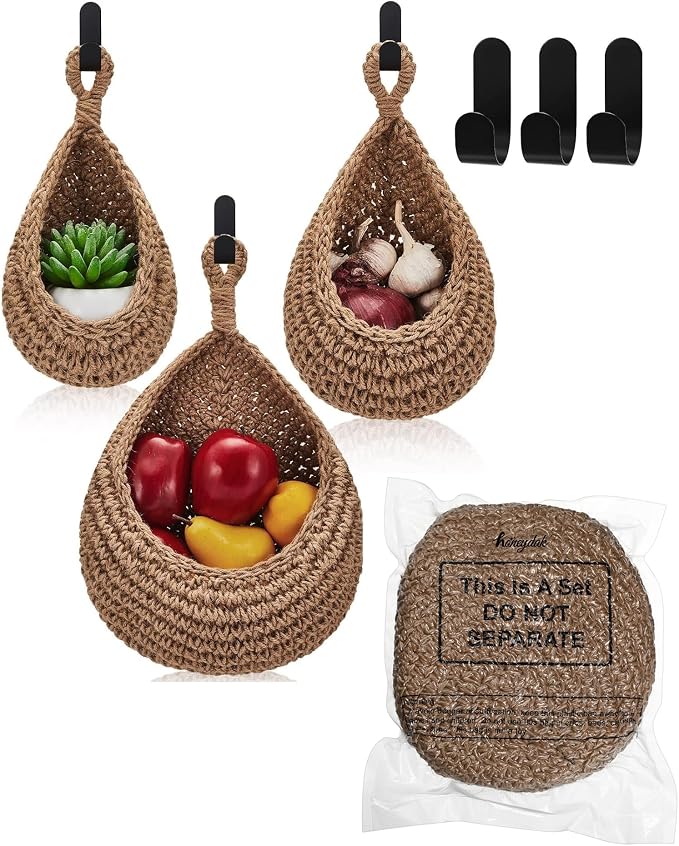Honeydak Boho Decor Hanging Wall Baskets for Kitchen 3 Pack Teardrop Baskets with Hooks Storage Fruit Onion Vegetable Potato for Home 3 Sizes(Linen,Teardrop,Jute) - Image 7