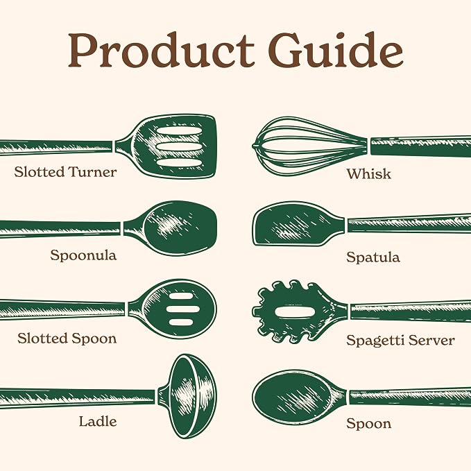 Country Kitchen Non Stick Silicone Utensil Set with Rounded Wood Handles for Cooking and Baking, 8 Piece Set, Green - Image 3