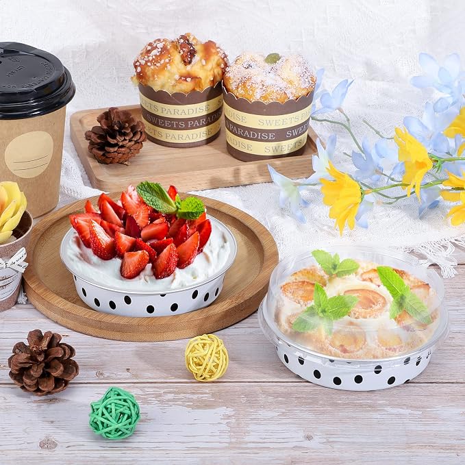 Beasea Mini Tart Pans with Lids 20 Pack, 4” 8oz Disposable Aluminum Baking Foil Tins Round Small White Black Dot Container for Individual Cupcake Dessert Muffin Ramekin Cheesecake Quiche Oven Dishes - Image 4