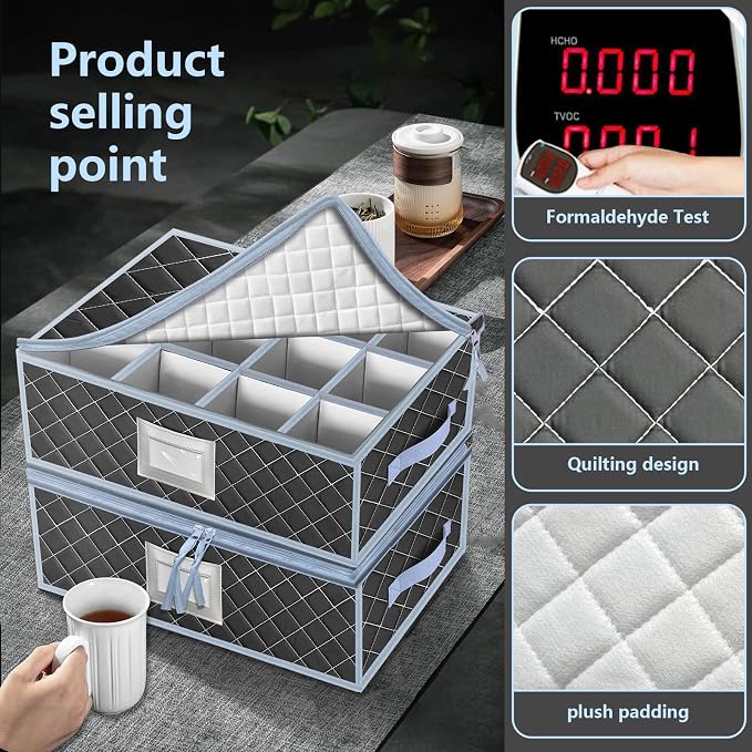 Mug and Cup Storage Box with Dividers - 2 Pack China Storage Bin Containers Holds 24 Glassware, Stackable Coffee Mug Organizer Bin and Tea Cup with 2 Metal Zipper,Label and Handles (Grey) - Image 4