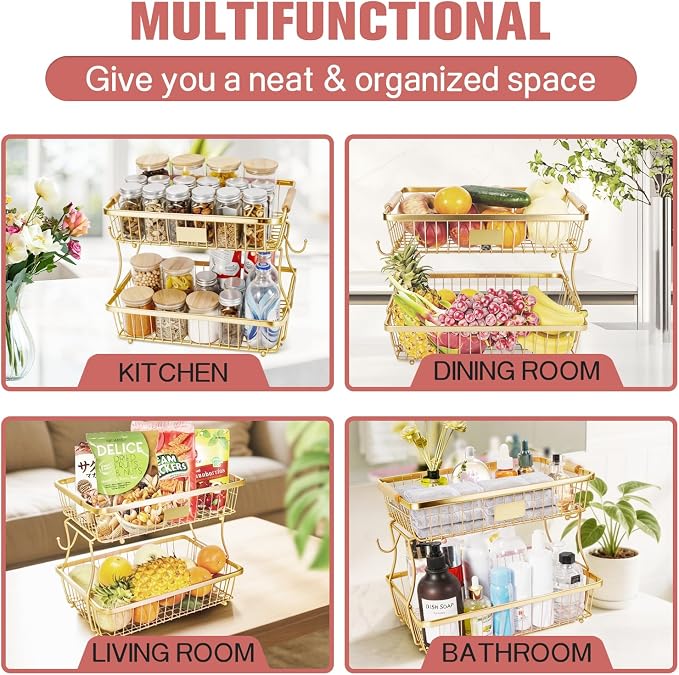 Fruit Basket Bowl 2 Tier Detachable with 2 Banana Hangers, Fruit Stand Holder for Kitchen Countertop, Metal Wire Vegetable Storage Organizer, for Bread Snack Veggies Produce,Gold - Image 5