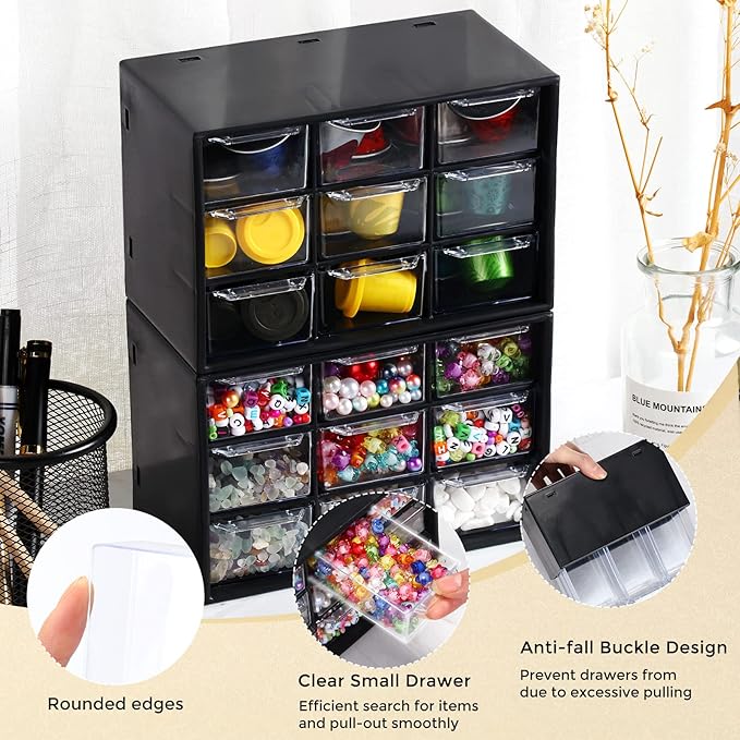 Marsui 4 Pack Desktop Storage Organizer with 9 Drawers Craft Organizer with Mini Drawers Plastic Organizers and Storage Containers for Craft Art Jewelry Cosmetics Sewing Supplies Accessory(Black)