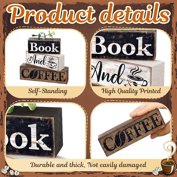 Moucuny 4 Pcs Farmhouse Table Decor Rustic Wooden "book and Coffee" Stacked Block Sign - Vintage Farmhouse Tiered Tray Decor with Coffee Cup & Bean Design, Perfect for Home Office Bookshelf Display - Image 3