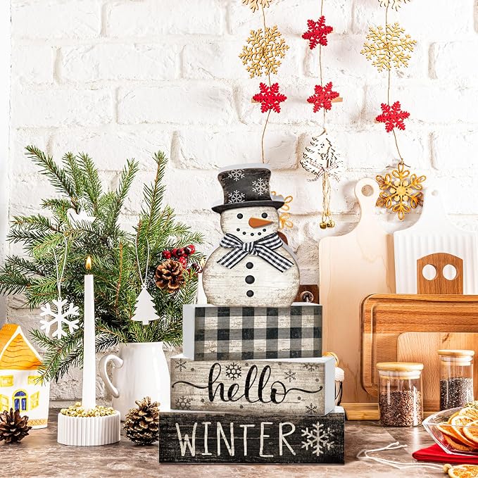 Moucuny 4 Pcs Snowman Christmas Decor Winter Table Decorations Christmas Tiered Tray Decor Winter Centerpiece Decorations Indoor Rustic Wooden Snowman Block Sign Gift Farmhouse for Home Kitchen Shelf - Image 8