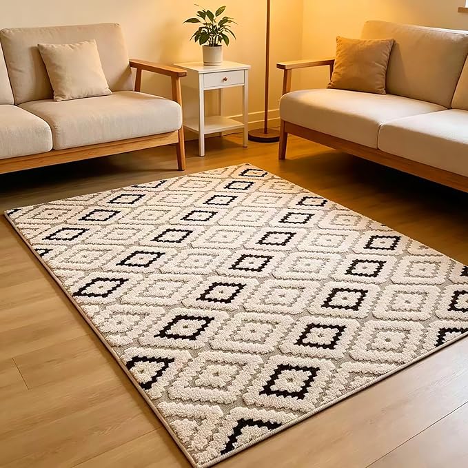 Washable Area Rug 4'x6' for Kids Room Living Room Bedroom, Diamond | Soft Cozy Fluffy Mid Pile Machine Washable Non Slip Modern Jacquard Boho Accent Area Carpet for Nursery Kids Room Dorm Hotel - Image 2