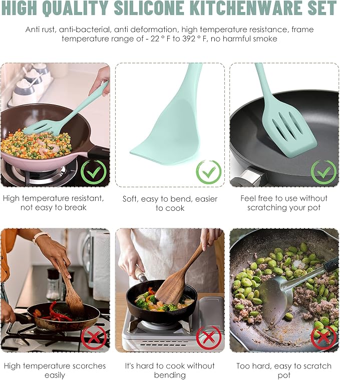 Kitchen Utensils Set-12 Pieces Silicone Cooking Utensils Set (Dishwasher Safe) 392°F Heat Resistant Spatula Set,Kitchen Utensil Set for Nonstick Cookware,Best Kitchen Tools with Holder | Dishwasher Safe 392°F Heat Resistant Spatula Set Kitchen Utensil ... - Image 3