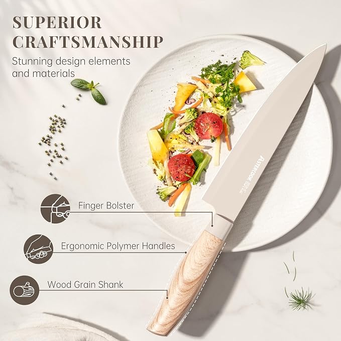 Astercook Knife Set, 6-Piece Kitchen Knife Set with Block, High Carbon Stainless Steel Ultra Sharp Kitchen Knives, Wood Grain Handle, Dishwasher Safe Knife Block Set, Khaki, Kitchen Utility Knives - Image 5