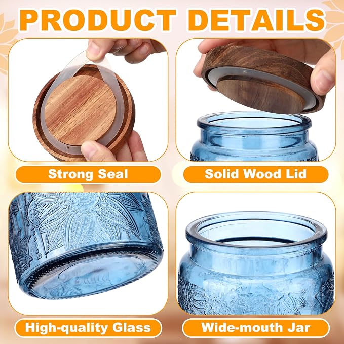 LemonRoad 2 Pcs Vintage Blue Glass Storage Jars 23.7 oz Mason Jar Canister with Wood Lids Food Storage Container for Cookie, Pantry, Candy Kitchen, Coffee, Tea, Flour, Sugar, Decorative Home Decor - Image 3