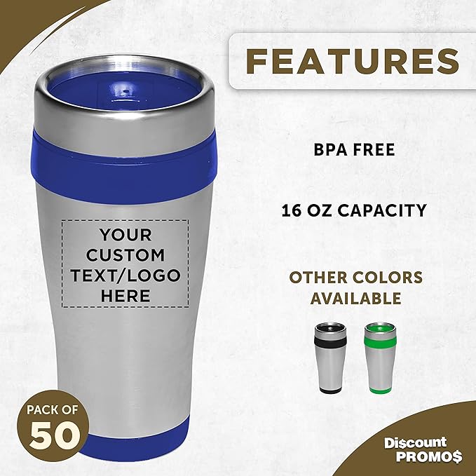 Custom Insulated Stainless Steel Travel Mugs 16 oz. Set of 50, Personalized Bulk Pack - Perfect for Coffee, Soda, Other Hot & Cold Beverages - Blue