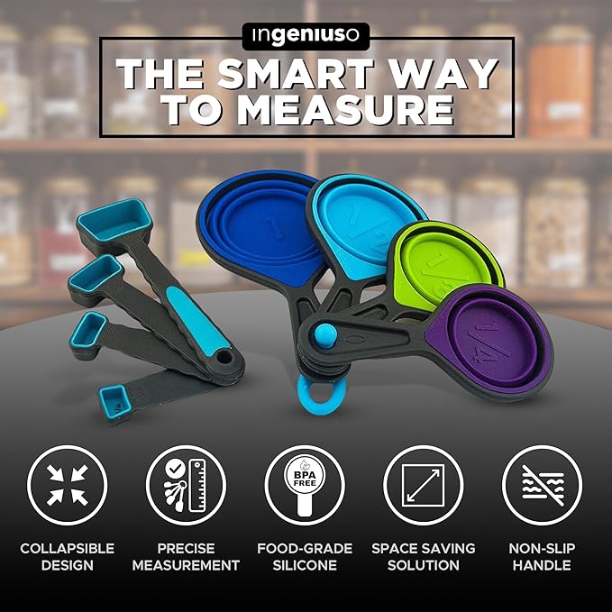 Collapsible Measuring Cups and Measuring Spoons | Portable Food Grade Silicone Measurement Cup Set for Liquid & Dry Food | Dog Food & Camping & Kids Measuring Cup
