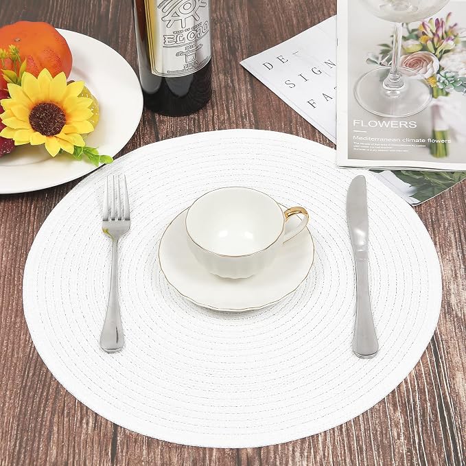 SHACOS Round Braided Placemats Set of 4 Washable Round Table Mats for Dining Table 15 inch (White, 4) - Image 8