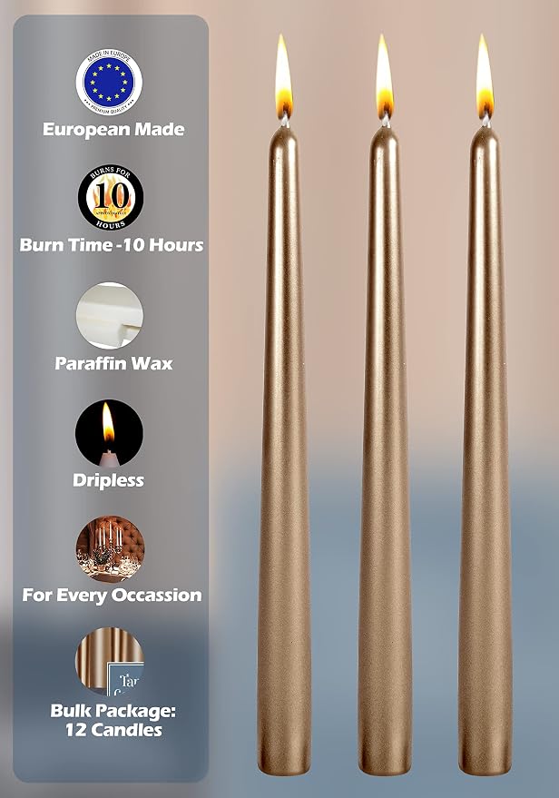 Hyoola Tall Metallic Antique Gold Taper Candles - 12 Inch - Dripless - 12 Pack - 10 Hour Burn Time - Image 4