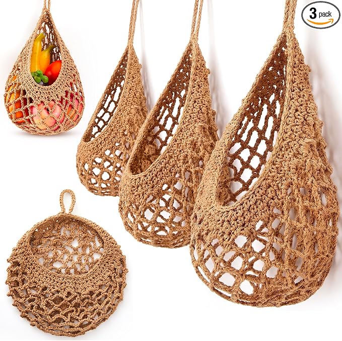 Honeydak Boho Decor Hanging Wall Baskets for Kitchen 3 Pack Teardrop Baskets with Hooks Storage Fruit Onion Vegetable Potato for Home 3 Sizes(Light Linen,Crochet,Cotton Rope) by Honeydak