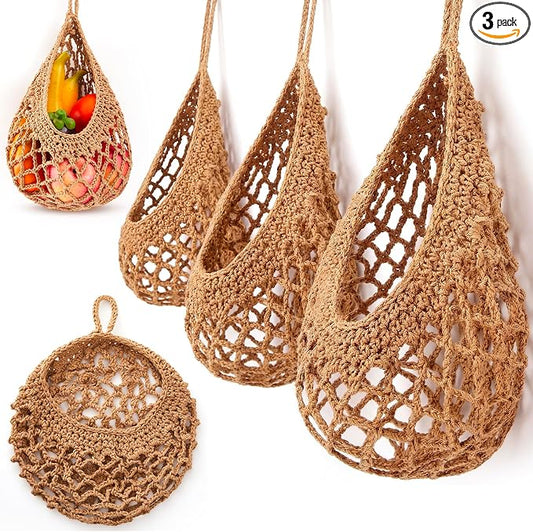 Honeydak Boho Decor Hanging Wall Baskets for Kitchen 3 Pack Teardrop Baskets with Hooks Storage Fruit Onion Vegetable Potato for Home 3 Sizes(Light Linen,Crochet,Cotton Rope) by Honeydak