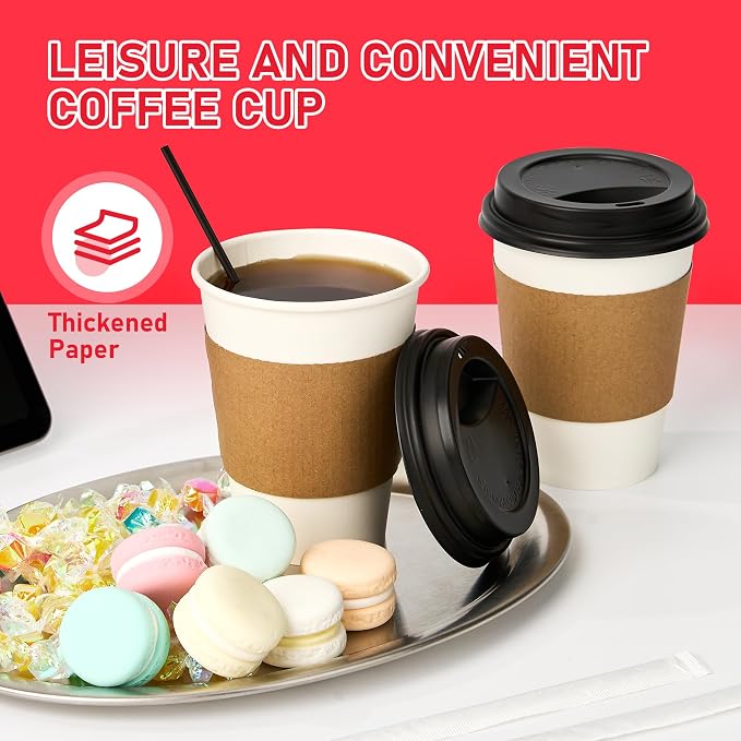 12 oz Paper Coffee Cups with Lids 100 Pack, Disposable Hot Coffee Cups with Lids, Sleeves and Stirring Sticks, To Go Cups, for Parties, Picnic, Travel, and Events - Image 2