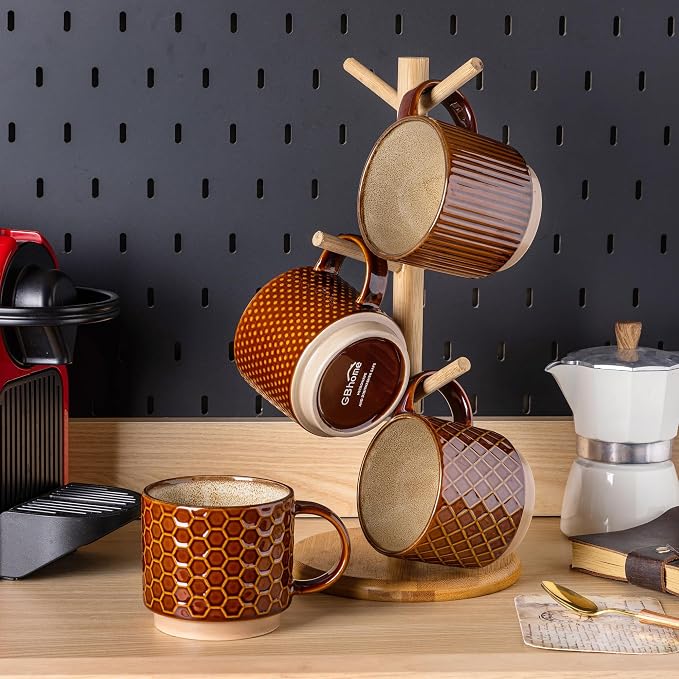 GBhome 12 OZ Stackable Coffee Mugs Set of 4, Ceramic Coffee Cups Set | Coffee Mugs With Stand, Dishwasher&Microwave Safe, 4 Assorted Designs - Image 8