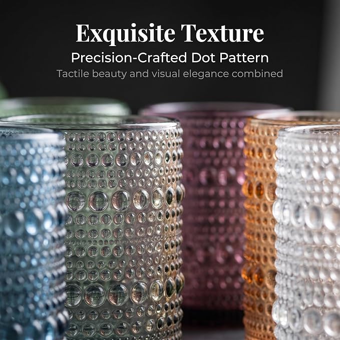 Mfacoy Colored Hobnail Drinking Glasses Set of 6, 10oz Vintage Kitchen Glassware, Embossed Beaded Glass Cups, Water Glasses, Beaded Colorful Water Tumbler for Cocktail, Juice and Various Mixed Drinks - Image 5