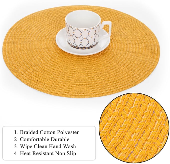 SHACOS 15 inch Round Braided Placemats Set of 6 Non Slip Washable Kitchen Table Place Mats Cotton Polyester Heat Resistant Table Mats for Home Wedding Dinner Party Table Decor, Mustard Yellow - Image 5