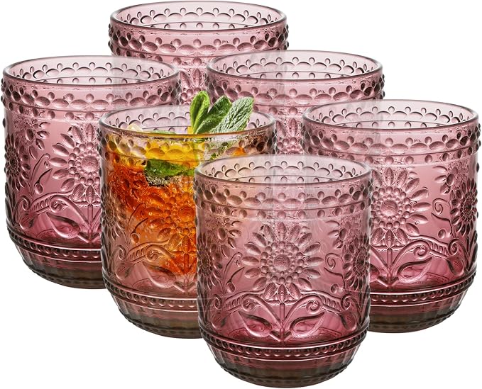 Topsky Vintage Drinking Glass Set of 6,12 oz Embossed Floral Decorative Glassware Set,Glass Cups Wine Glasses Beverages Tumblers Colored Glassware for Whisky,Beer,Juice,Cocktail,Heavy Duty by HomeandKitchenNO1