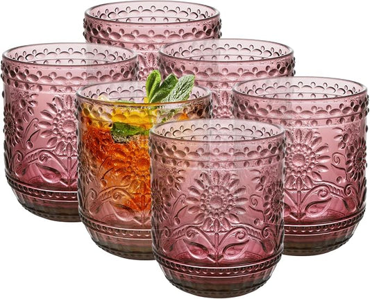 Topsky Vintage Drinking Glass Set of 6,12 oz Embossed Floral Decorative Glassware Set,Glass Cups Wine Glasses Beverages Tumblers Colored Glassware for Whisky,Beer,Juice,Cocktail,Heavy Duty by HomeandKitchenNO1