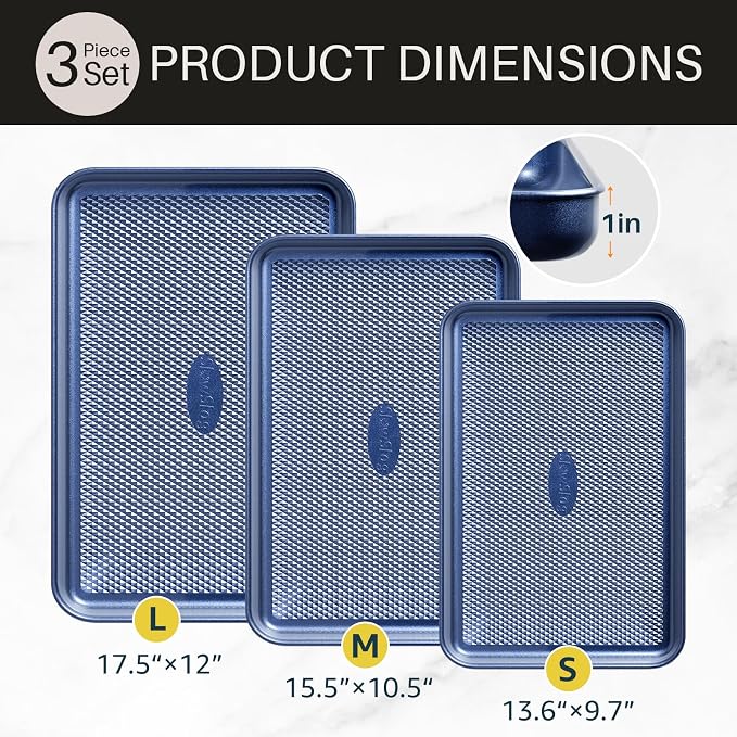 3Pcs Nonstick Baking Sheet, Baking Sheet Pan Set with Diamond Texture, Blue | Large Nonstick Cookie Sheets Set, Jelly Roll Pans, Cookies Sheet for Baking, Cookie Sheet Pan - Image 2