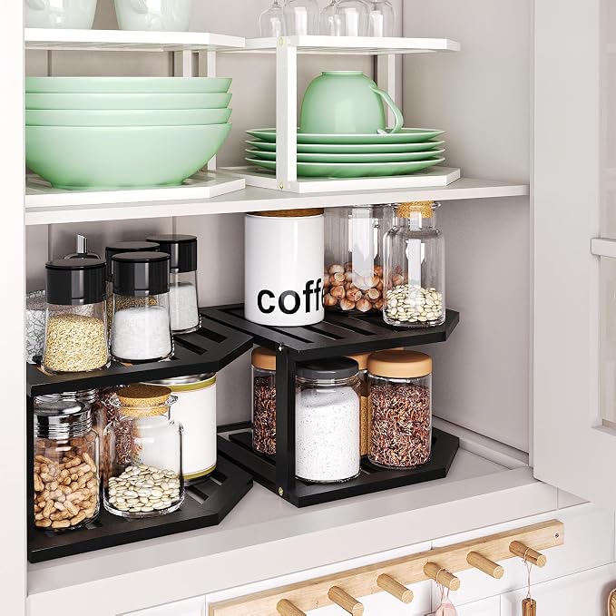 VERTORGAN 2 Tier Bamboo Dish Drying Rack,Corner Shelf 2 Pack(Black) | Pantry Storage,Dish Rack,Spice Rack,Corner Organizer,Kitchen Counter Shelves,Kitchen Storage,Holds Plates - Image 6