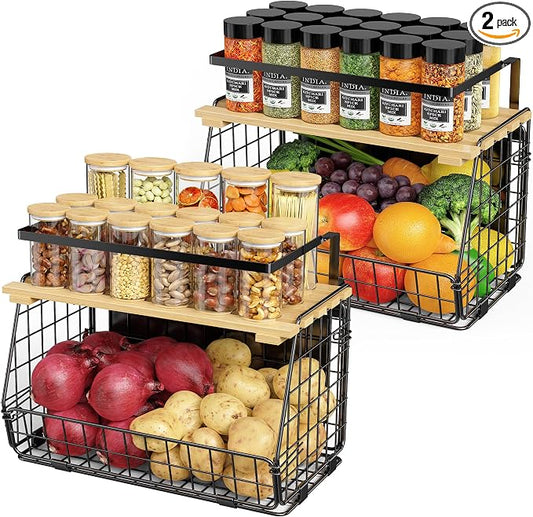 2 Pack Magnetic Shelf for Fridge, Fruit Potato Onion Storage Bins | Magnetic Basket with Lid, Side of Fridge Storage, Produce Basket for Fruits Vegetables Spices, Kitchen Pantry Organizer by GGIU