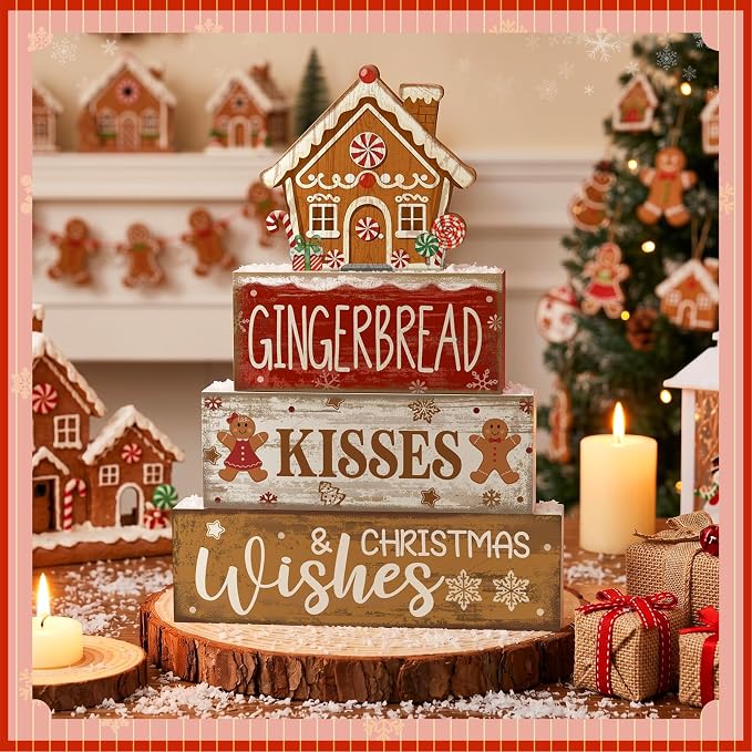 Moucuny 4 Pcs Christmas Table Decoration Gingerbread House Wooden Stacked Block Decor Gingerbread Centerpiece Block Signs Rustic Christmas Tiered Tray Decoration for Home Kitchen Coffee Bar - Image 2