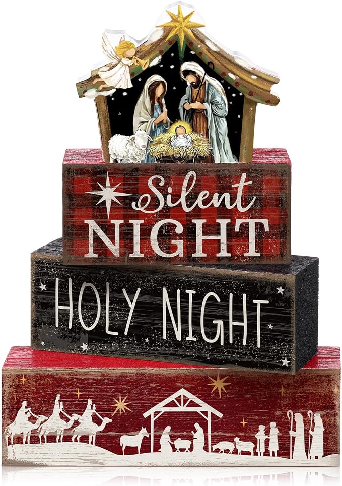 Moucuny 4 Pcs Christmas Table Decor Wooden Christian Religious Decoration Nativity Scene Centerpiece Holy Night Tiered Tray Decor Red and Black Buffalo Plaid Block Signs Xmas Decoration for Kitchen by Moucuny