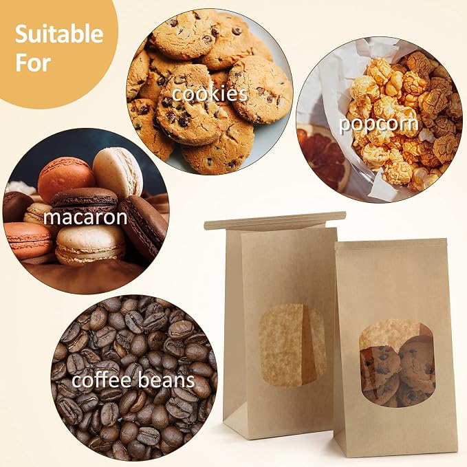 BagDream Small Cookie Bags 3.54x2.36x6.7 Inch Tin Tie Closure 100Pcs Brown | Resealable, Window, Grease Resistant, For Homemade Baked Goods, Snack, Coffee Beans, Party Favor, Gift Giving, Small Business - Image 3