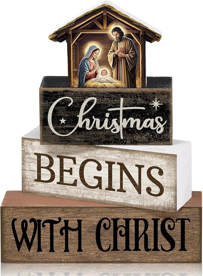 Moucuny 4 Pcs Christmas Table Decoration Christian Wooden Stacked Block Decor, Christmas Begins with Christ Signs with Nativity Scene Topper, Rustic Religious Xmas Tiered Tray Decor for Home Church by Moucuny