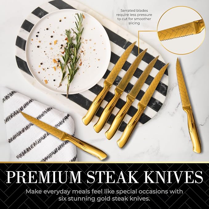 Styled Settings Gold Knife Set with Block and Sharpener, 14-Piece | Stainless Steel, Titanium Gold Knives with Pattern and Knife Block with Built-in Sharpener, Durable, Gold Kitchen Accessories - Image 5