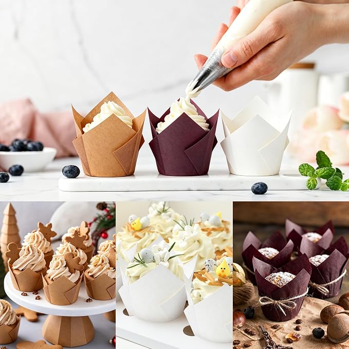150 Pcs Mini Cupcake Liners Muffin Liners Baking Cups | Tulip Cupcake Liner for Baking Wedding, Birthday, Baby Shower Parties, Brown, Natural, White - Image 4