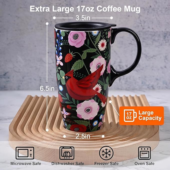 Topadorn 17oz Ceramic Travel Mug, Botanical Floral Bird Coffee Mug with Lid | Ceramic Coffee Mug with Handle, Microwave & Dishwasher Safe, Gift Box Included for Coffee, Tea and Latte - Image 4
