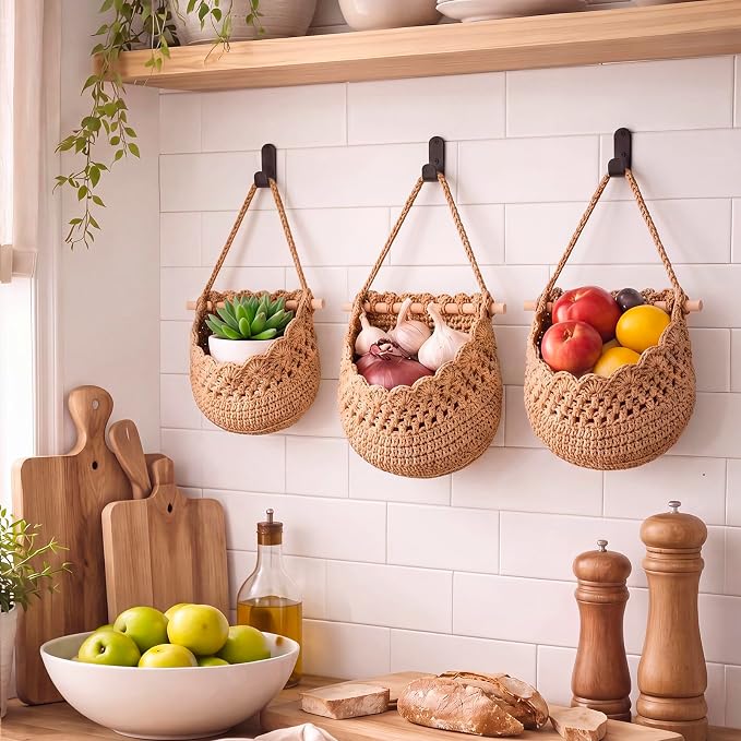 Honeydak Boho Decor Hanging Wall Baskets for Kitchen 3 Pack Teardrop Baskets with Hooks Storage Fruit Onion Vegetable Potato for Home(Dark Brown,Lace,Cotton Rope) - Image 6